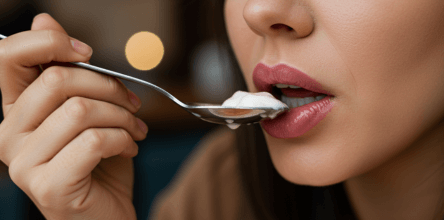 A close-up of a woman with freshly enhanced lips carefully eating a soft fruit, such as a banana or avocado, with a fork. Her lips appear slightly swollen, and she is eating gently to avoid discomfort after her lip filler procedure.